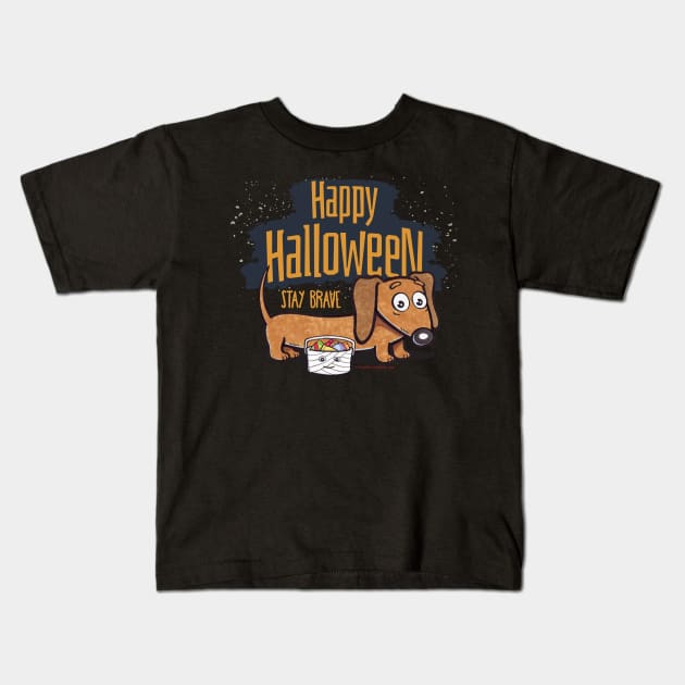cute Funny Spooky Halloween Doxie Dachshund weenie Dog going out on Halloween for some treats being very brave Kids T-Shirt by Danny Gordon Art